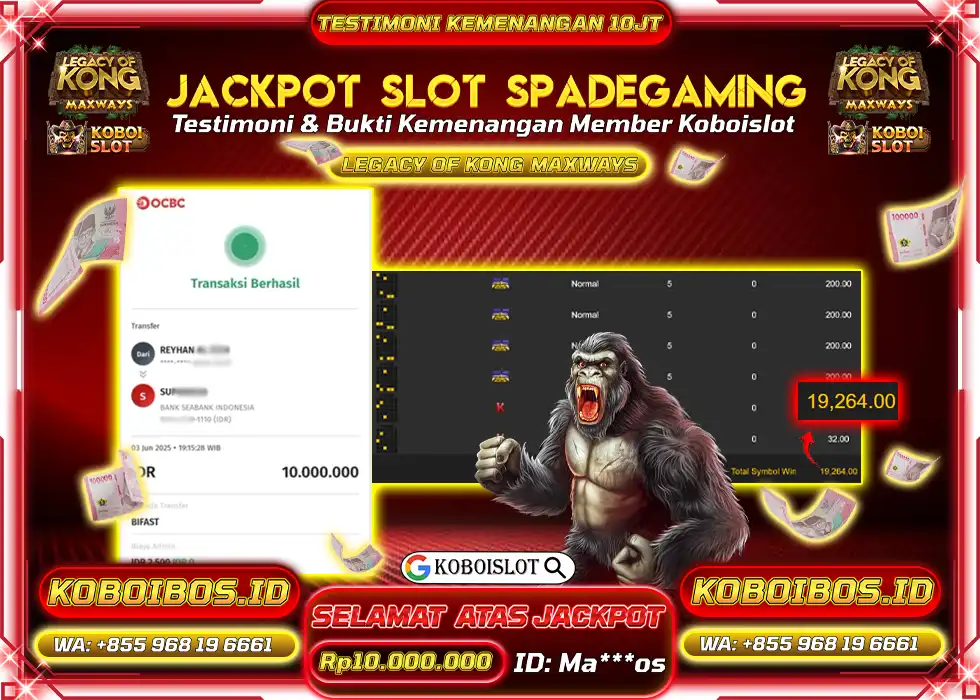 BUKTI KEMENANGAN SLOT GACOR LEGACY OF KONG MAXWAYS Rp10.000.000,- LUNAS